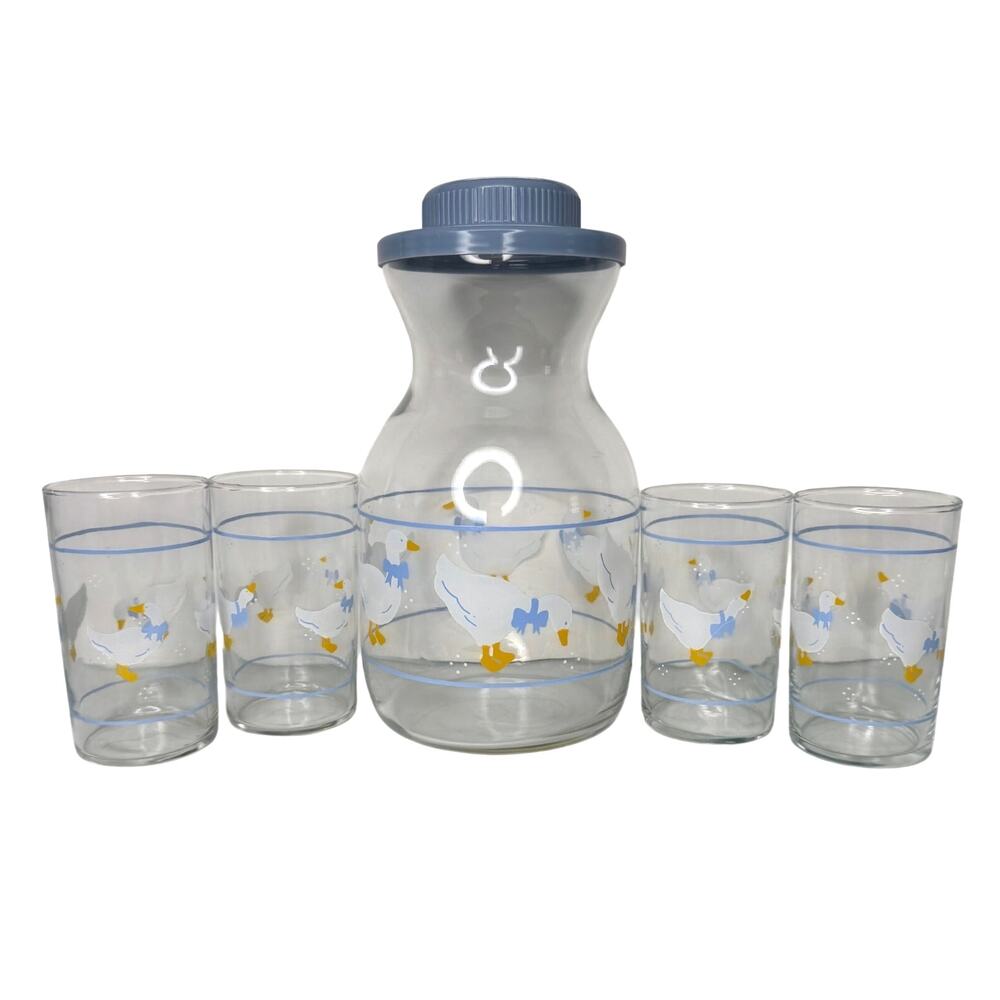 Vintage 80s Country Goose Carafe w/4 Glasses Blue Bow Farmhouse Cottagecore